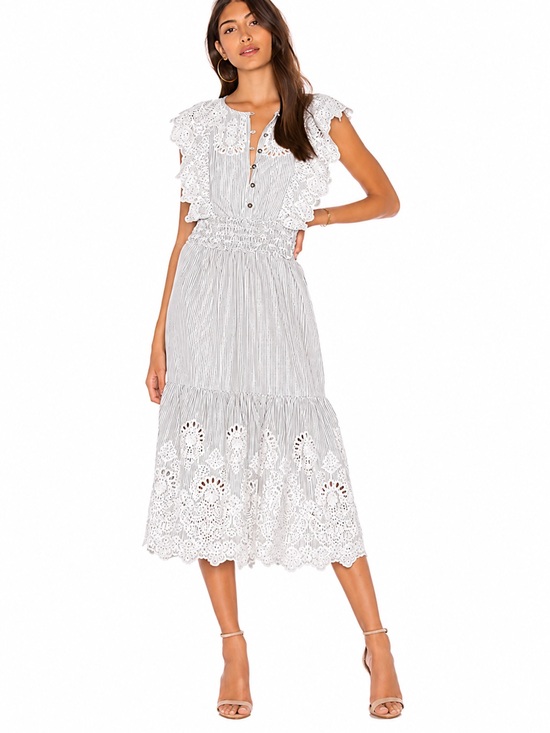 SAYLOR Dresses & Skirts - SAYLOR Maliyah White Dress with Gray Pinstripes and Lace Eyelet